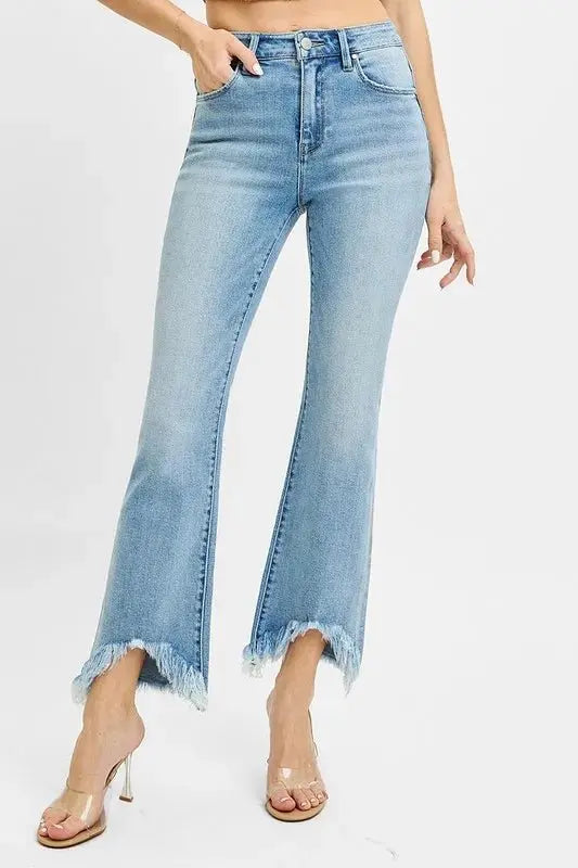 RISEN High Rise Crop Bootcut Fray Hem Jeans for Women - Love Salve